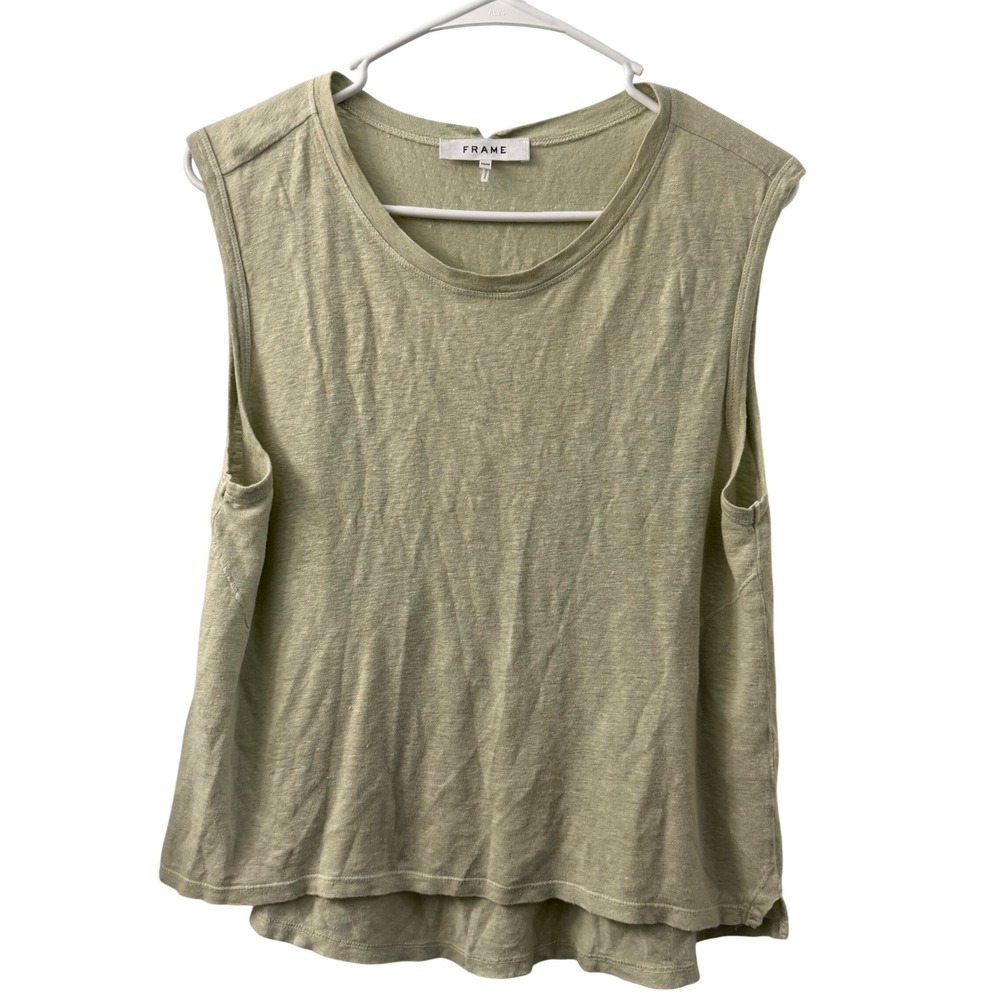 FRAME Sage Green 100% Organic Linen Sleeveless Slub Knit Tank Top Medium Beach